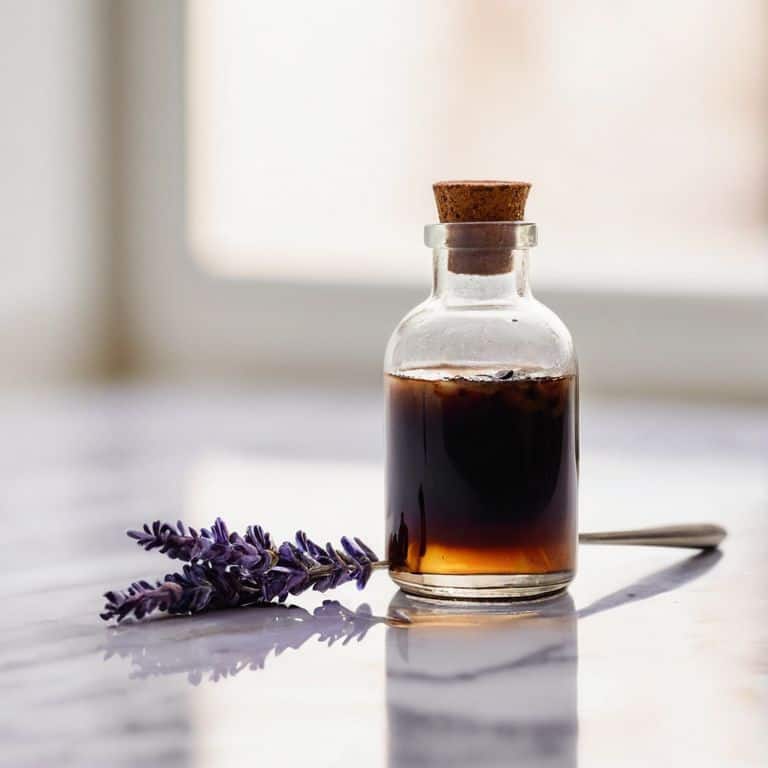 Lavender coffee syrup in glass bottle